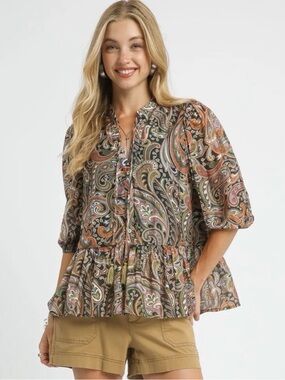 Umgee Olive Paisley Peplum Blouse with Rust and Cream Accents